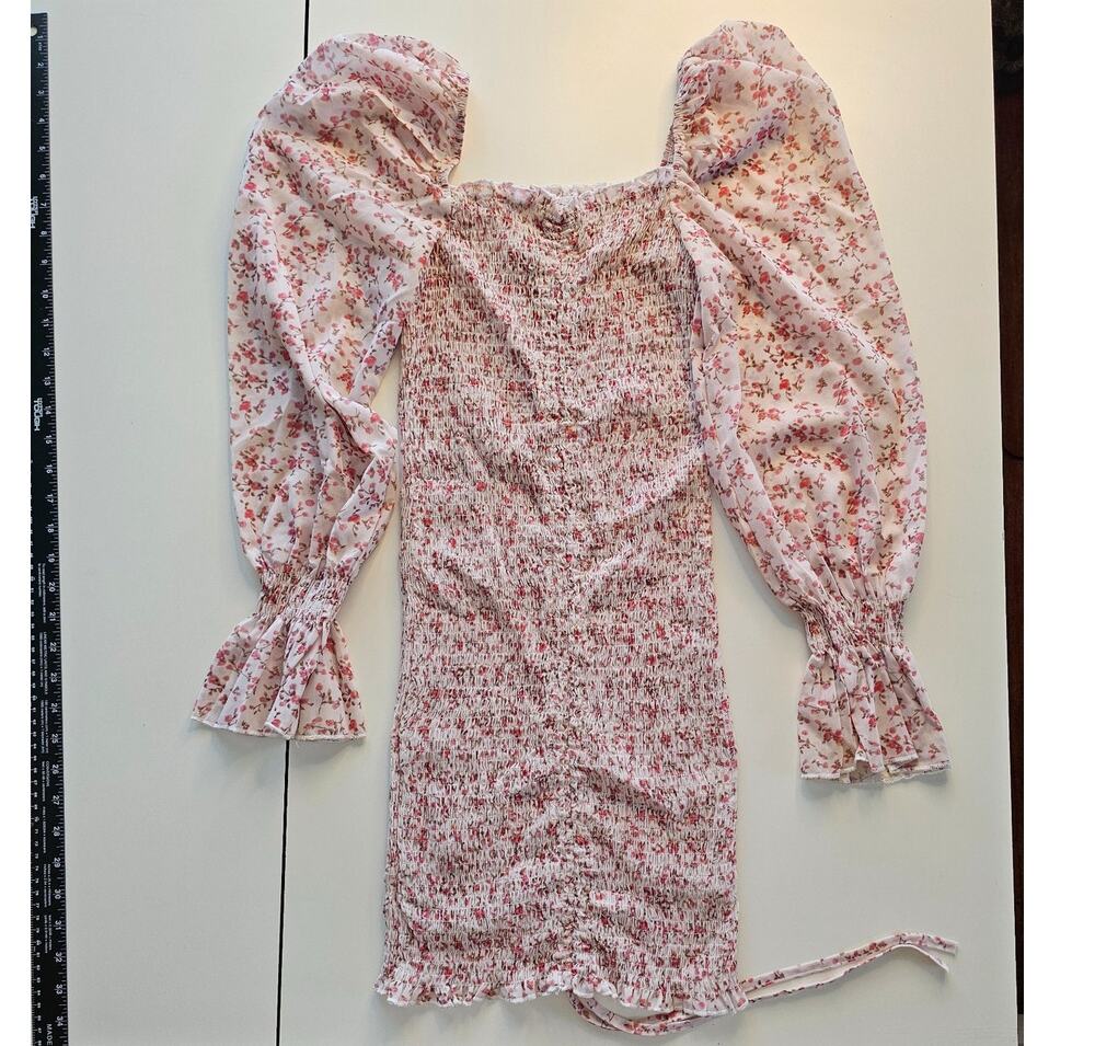 Princess Polly Azure Floral Ruched Smocked Puff Sleeve Mini Dress US 4 Pink